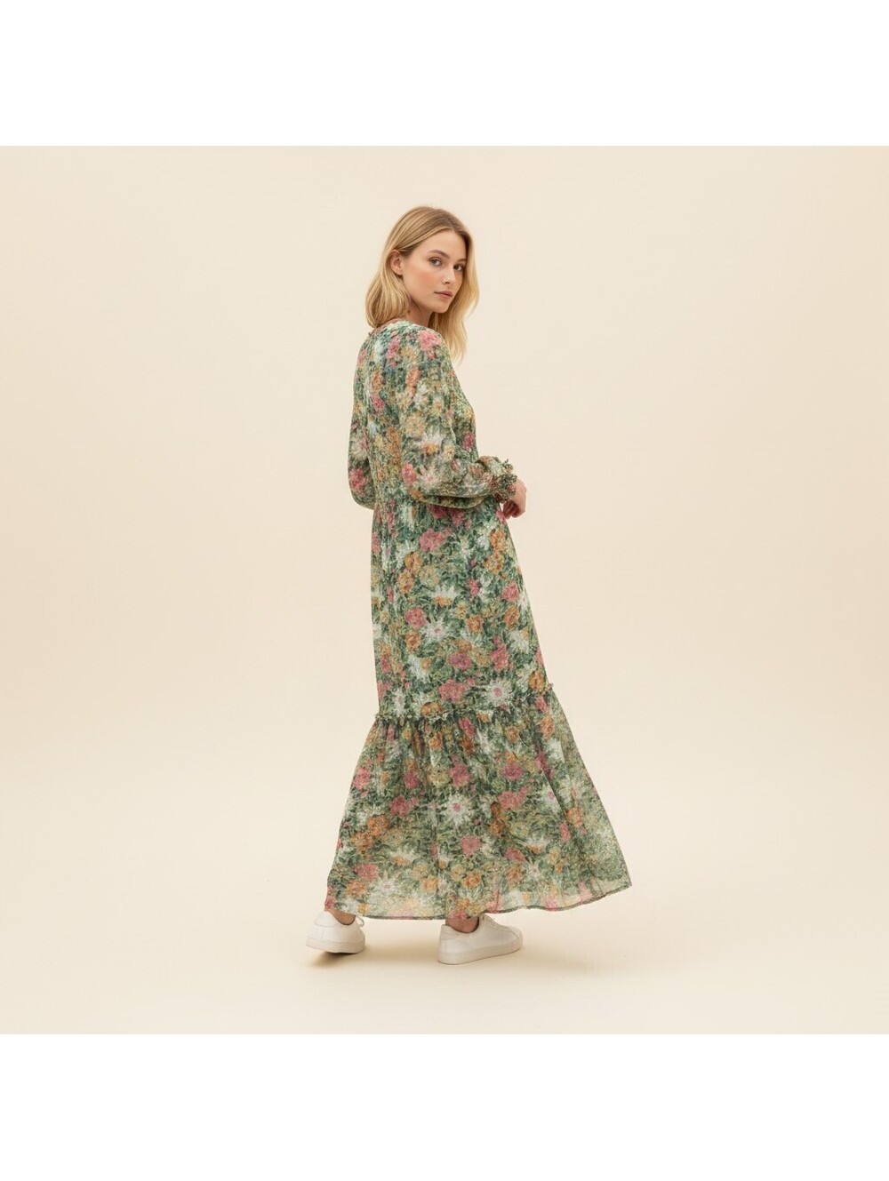 LC Lauren Conrad Wrap Dress S Small Green Floral Long Tasseled Belted V-Neck - Picture 2 of 9